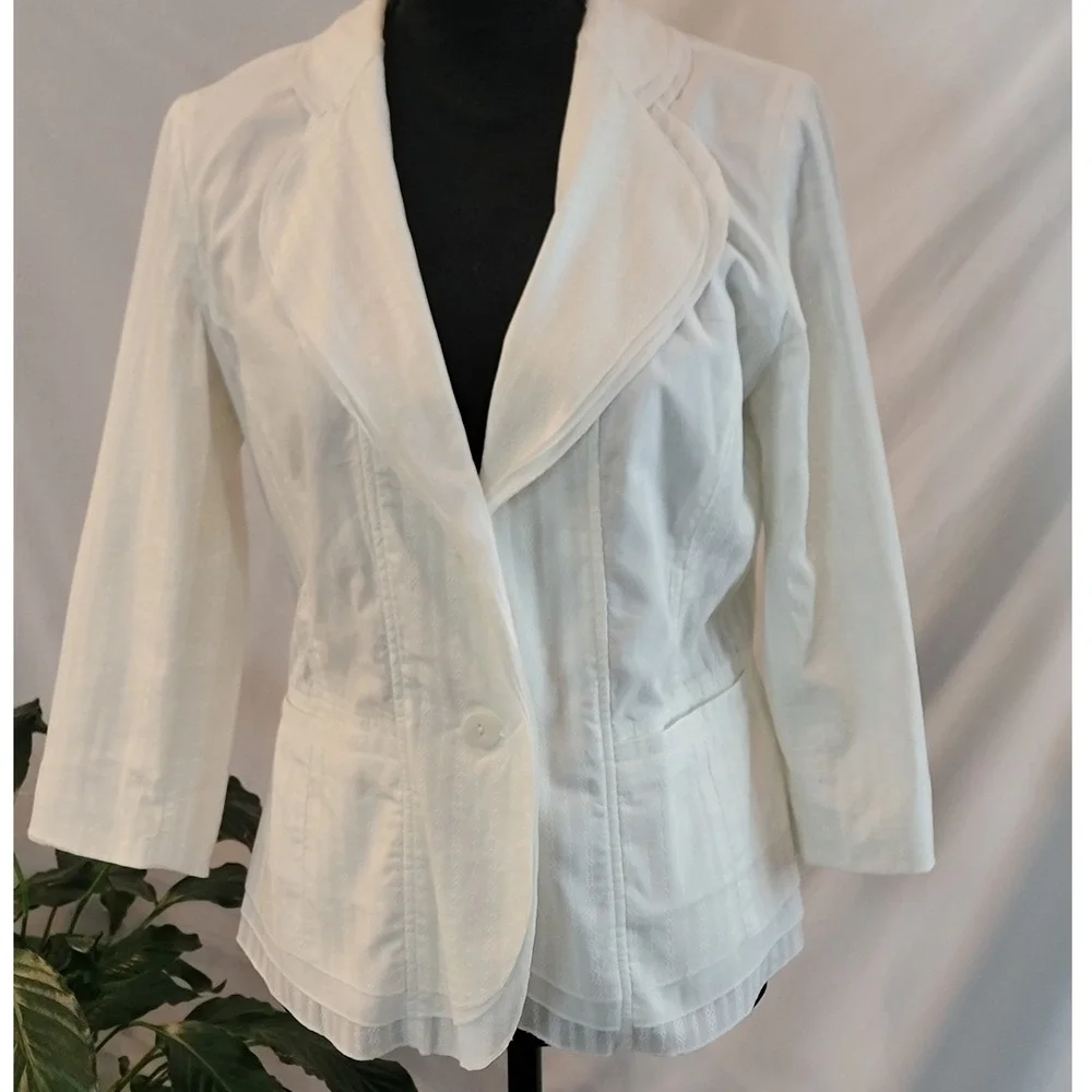 J. Jill White Eyelet Blazer Jacket Single Button 3/4 Sleeve Peplum Hem Womens 10